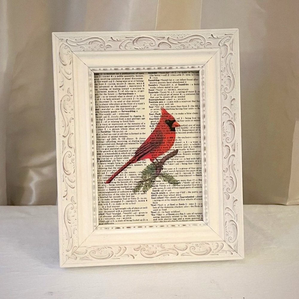Framed Cardinal bird on a vintage dictionary page